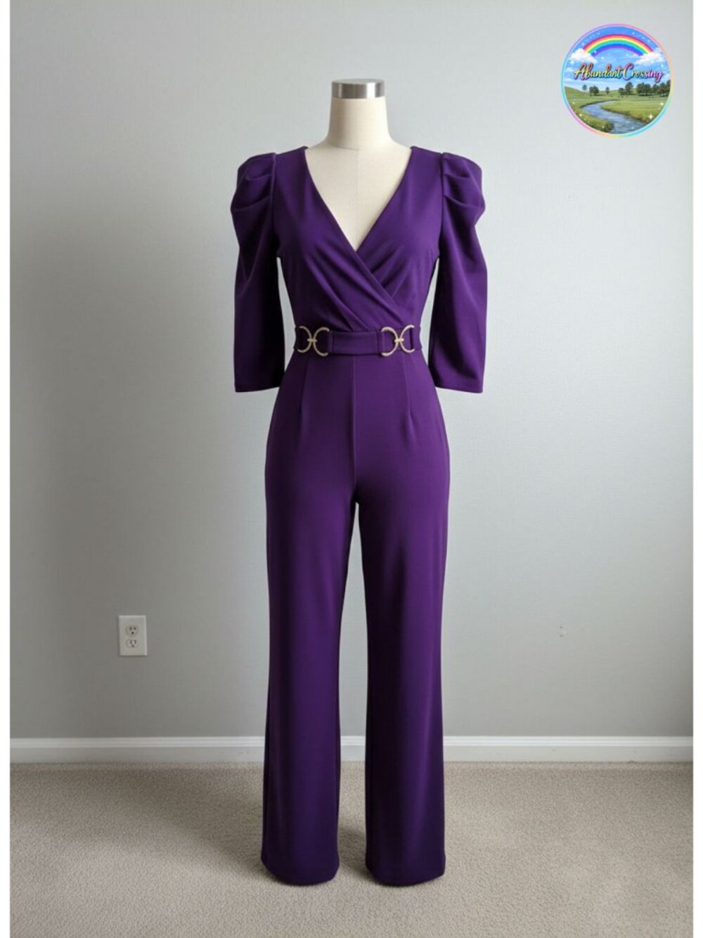Women's Sexy Deep V Neck Puff Sleeve Wide Leg Jumpsuit Romper with Belt